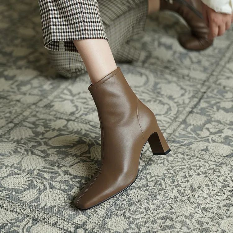 7cm跟高/33-40码/牛皮短靴女高跟小方头时尚百搭侧拉链真皮瘦瘦靴