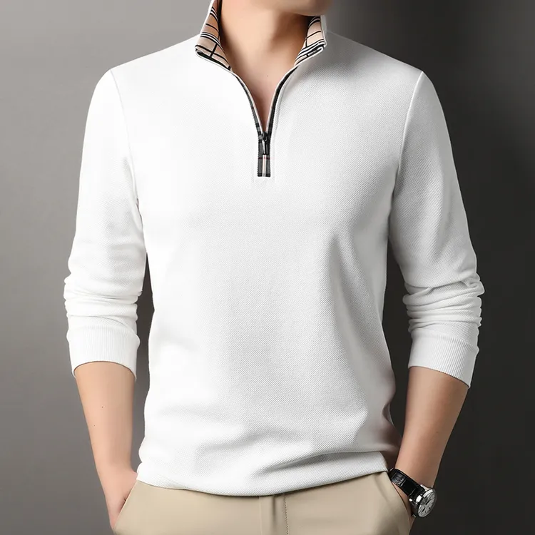 【专柜同款】100%全棉上衣男士春秋长袖休闲打底纯色立领POLO衫修身