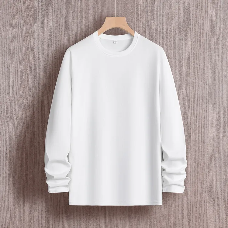 100%纯棉新款180克长袖t恤圆领纯色男士百搭打底衫体恤白色潮流