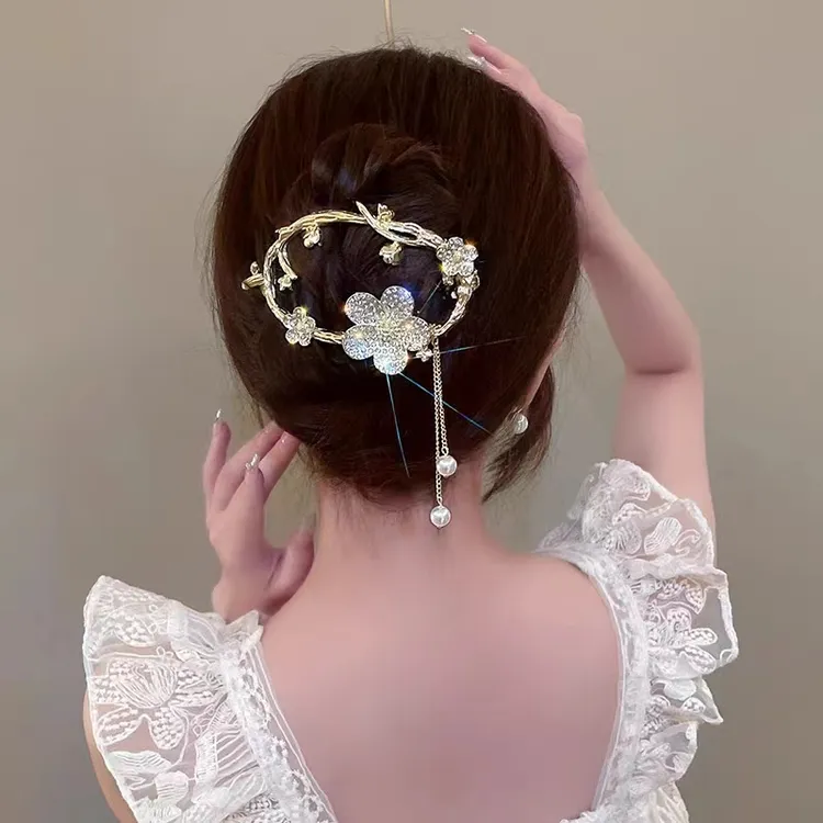 锌合金发饰 水钻花朵流苏扭扭夹后脑勺一字夹高级感盘发神器发夹