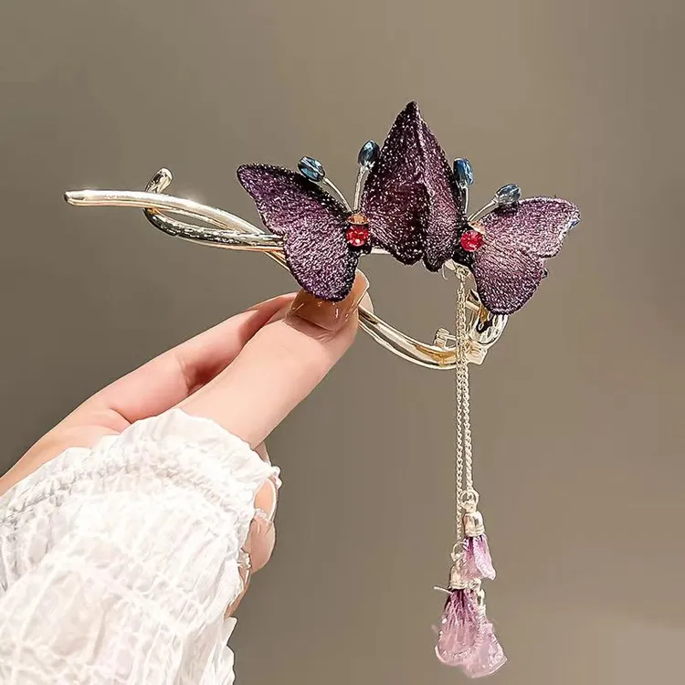 锌合金布艺发饰 古风刺绣蝴蝶流苏扭扭夹气质女后脑勺一字夹发夹