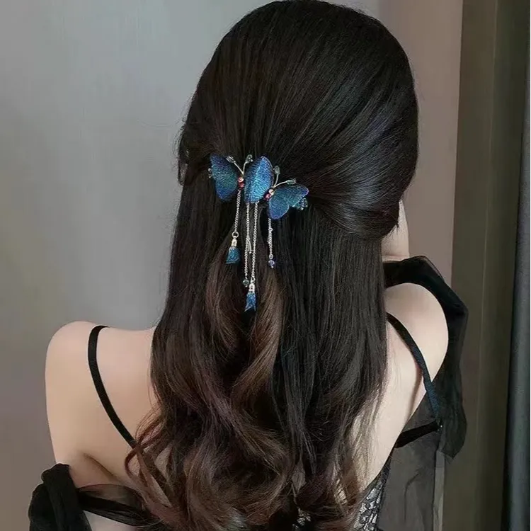 高级感头饰布艺发饰网红超仙流苏蝴蝶刺绣弹簧夹精致优雅气质发夹