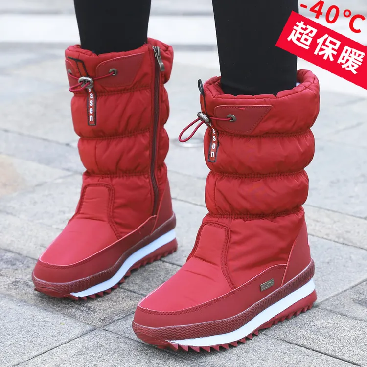 雅森东北冬季雪地靴女高筒加绒加厚底棉鞋保暖中筒防滑加绒长靴子