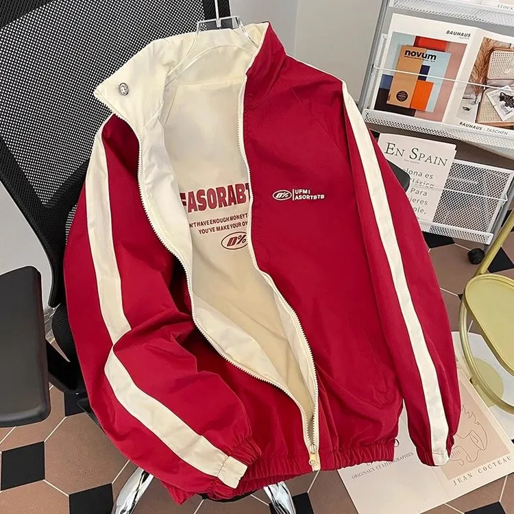 春秋季防风冲锋衣两面穿外套男宽松百搭情侣休闲立领夹克男女上衣