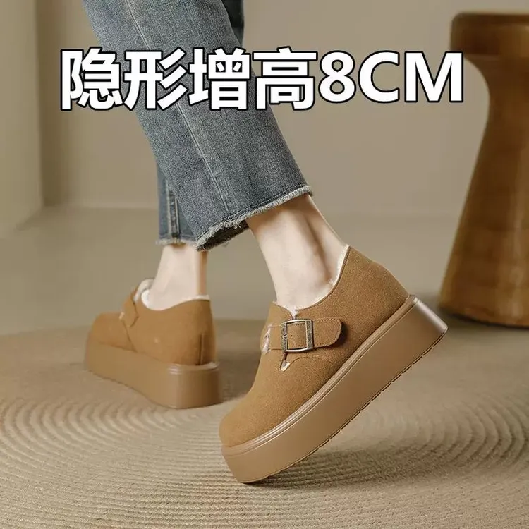 内增高厚底勃肯鞋女新款秋冬加绒保暖博肯英伦风轻奢小鞋子小皮鞋