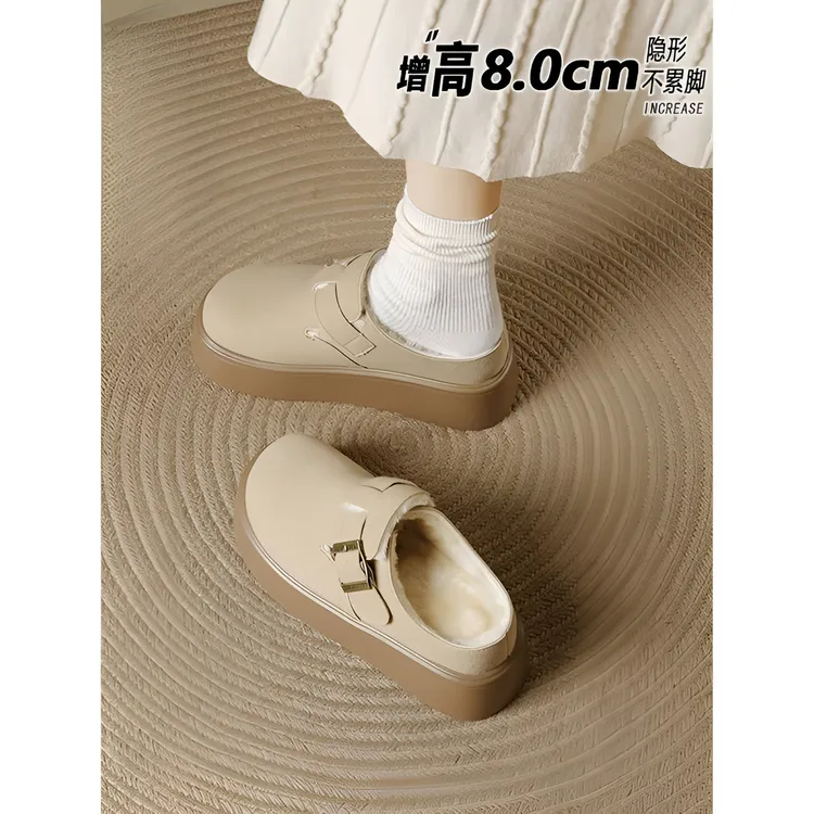 内增高真皮厚底小个子拖鞋女2024新款秋冬加绒包头半拖勃肯单鞋子