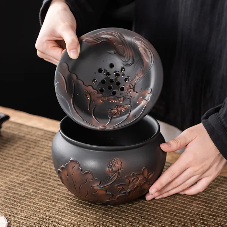 高档紫陶荷韵茶渣缸带盖建水大容量废水桶中式复古茶杯洗茶道配件