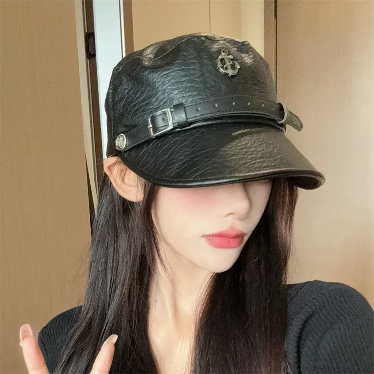 皮质鸭舌马术八角帽子女2025新款小众船锚网红渔夫帽显脸小贝雷帽