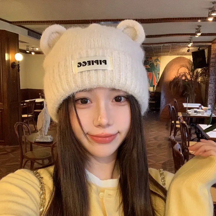 可爱小熊帽子女秋冬季韩系百搭保暖包头加厚护耳显脸小毛线针织帽