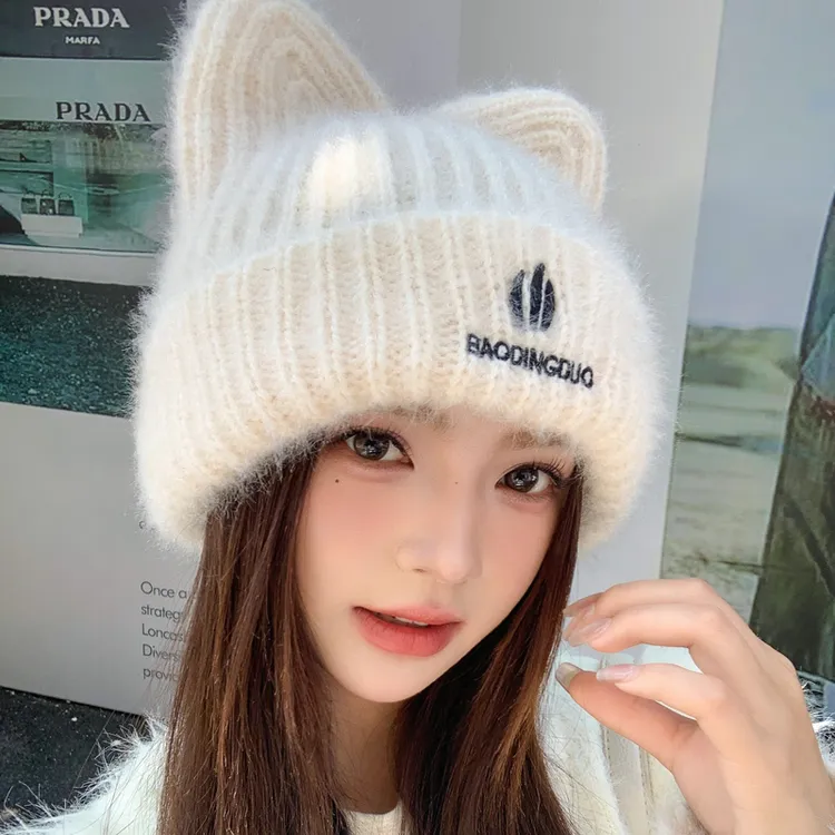 2025新款可爱猫咪耳朵针织毛线帽女秋冬季百搭护耳保暖毛绒冷帽潮