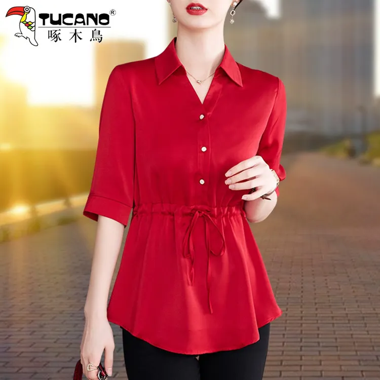 【官方】啄木鸟夏装雪纺衬衫女2025新设计感小众时尚中长短袖衬衣