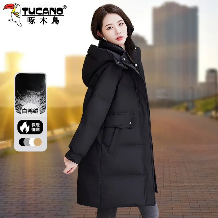 啄木鸟白鸭绒中长款羽绒服冬季新款时尚休闲大码加厚外套