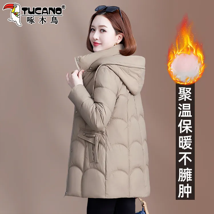 【官方】啄木鸟中长款棉服女冬季新款加厚保暖棉衣妈妈冬装外套
