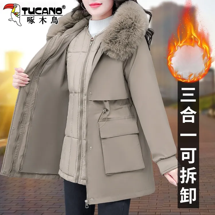 【官方】啄木鸟可拆卸派克服女士冬季新款棉袄中长款棉衣棉服外套