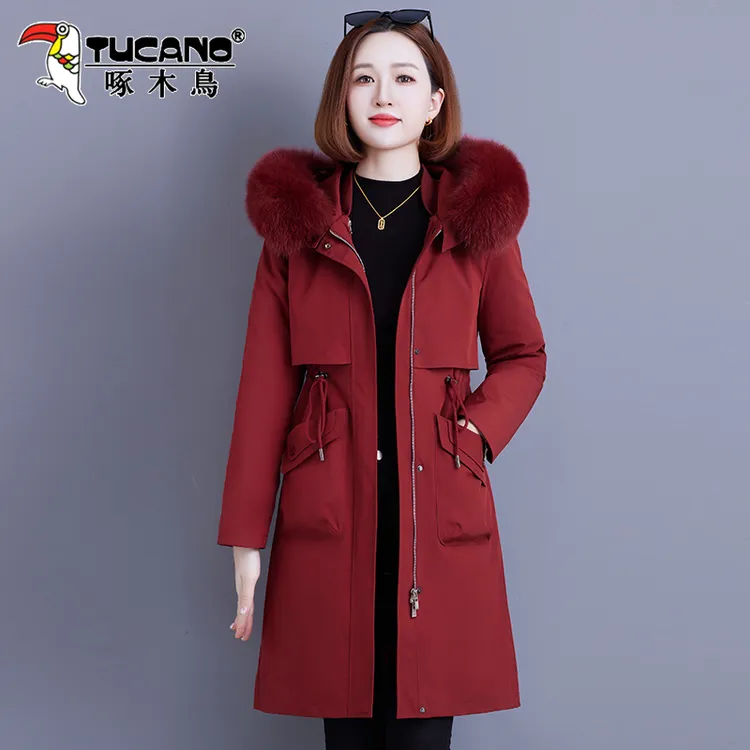 【官方】啄木鸟活里活面羽绒服中长款新款时尚修身大毛领派克服外套