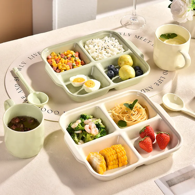 陶瓷四格早餐盘分格盘分餐盘家用釉下彩月子餐盘大人减肥儿童专用