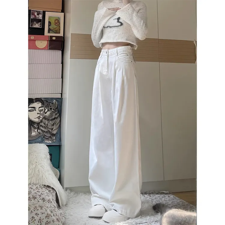 库思玛白色窄版阔腿牛仔裤女秋季新款美式高腰显瘦百搭垂感直筒裤