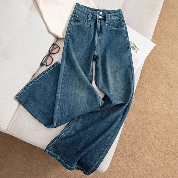 复古高腰阔腿牛仔裤女2025秋季新款水洗弹力宽松不贴腿显瘦拖地裤