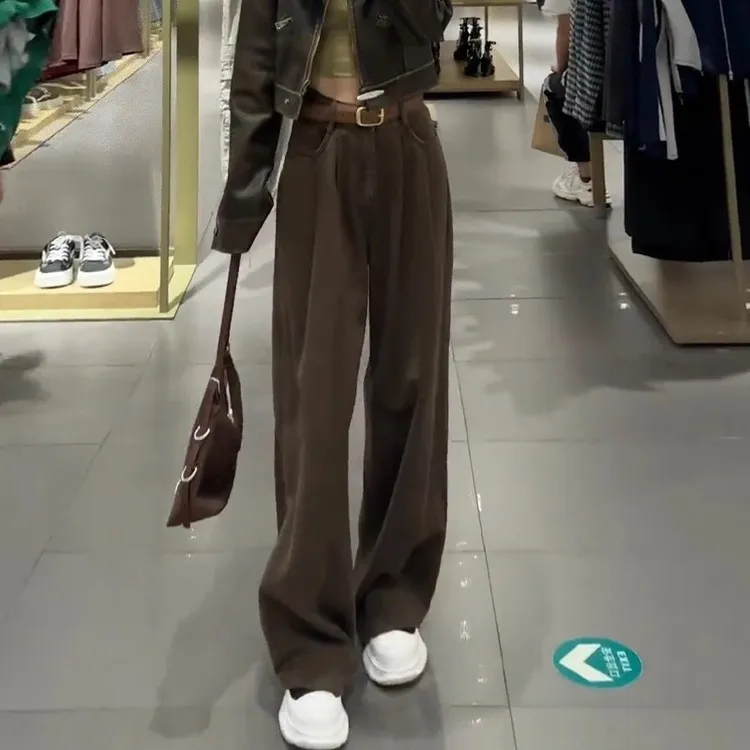 设计感咖棕色阔腿牛仔裤女2025秋季新款流光色高腰显瘦垂感拖地裤