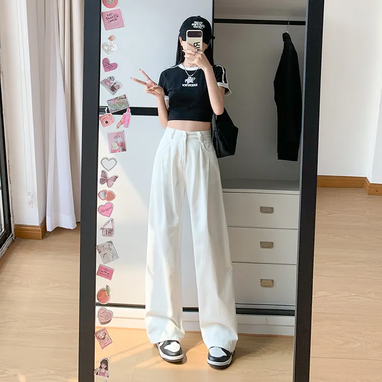 白色不透褶皱阔腿牛仔裤女2025新款秋季高腰百搭显瘦垂感拖地裤子