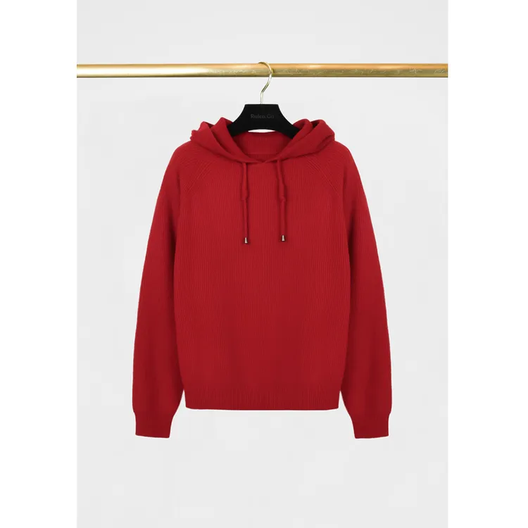 我是摩羯 圣诞红 100山羊绒双元宝编织工艺抽绳连帽针织衫卫衣