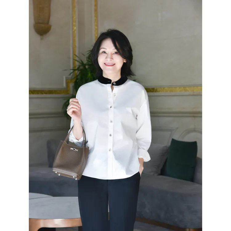 我是摩羯 小香衬衣 丝绒拼接复古60支精梳棉长袖白衬衫上衣