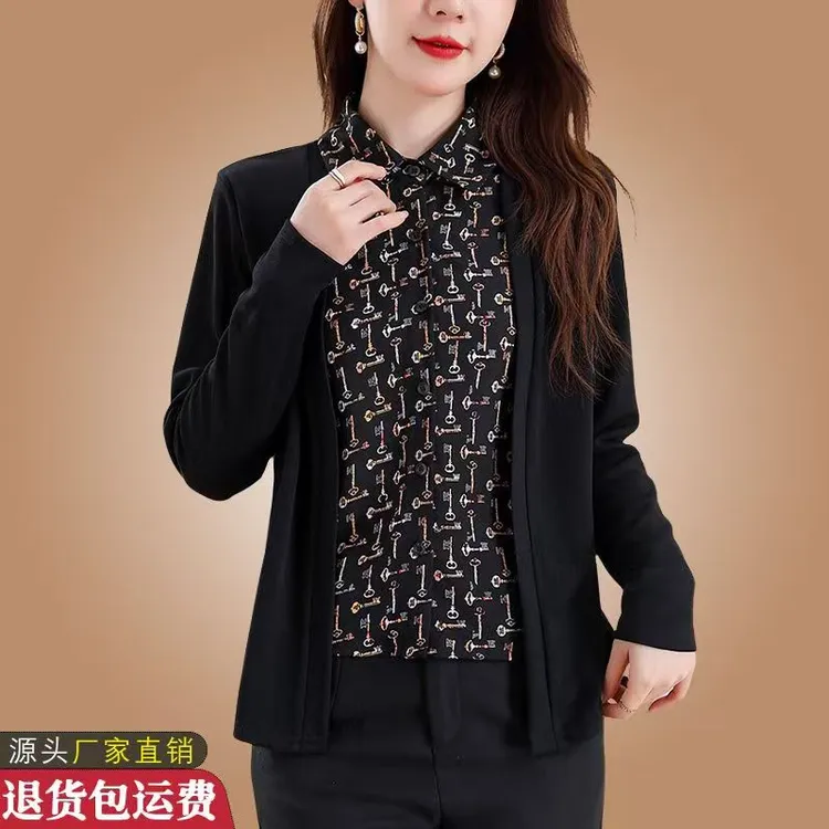 实拍2025秋季新款长袖假两件唯美翻领小衫洋气钥匙印花时髦上衣女