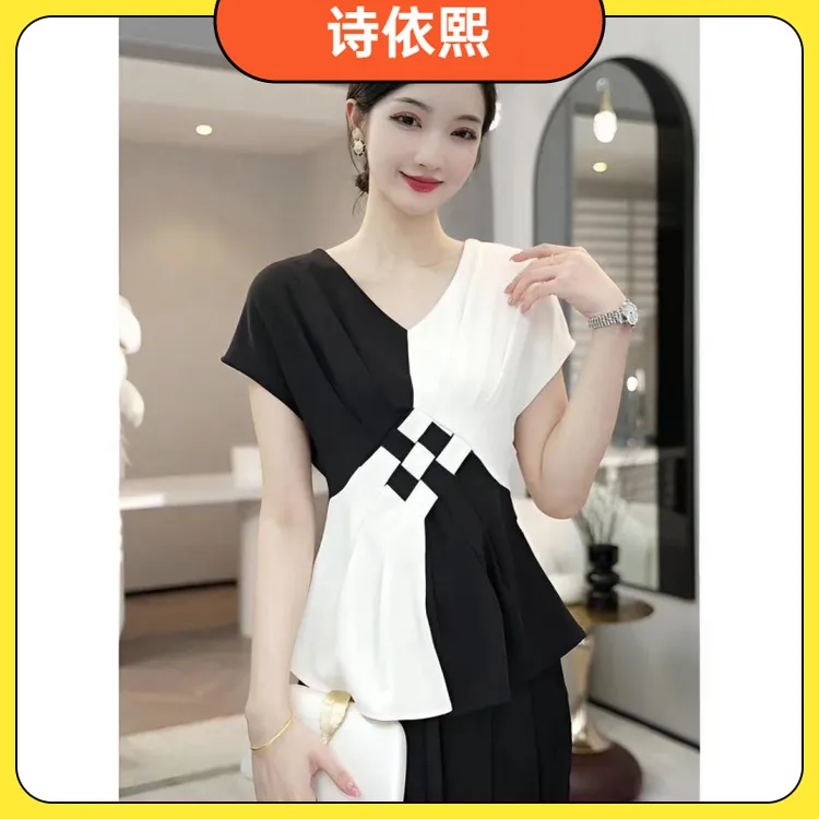 I2024夏季款高级感百搭黑白条纹V领衬衫女时髦极简风洋气短袖上1