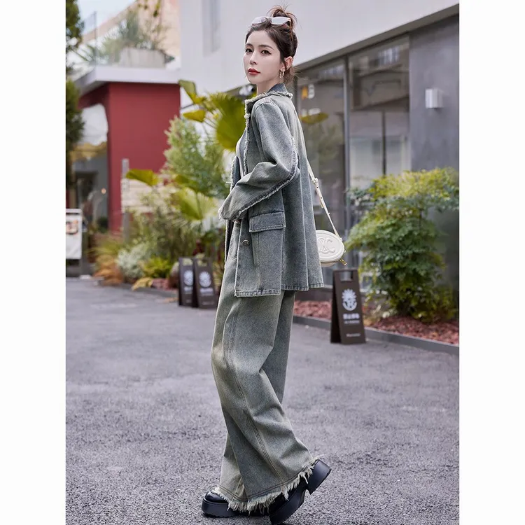 复古气质牛仔套装女2024年春秋季新款西装外套阔腿长裤流苏两件套