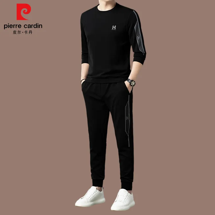 【皮尔卡丹品牌正品】春秋季桑蚕丝男士轻奢休闲套装圆领长袖两件套