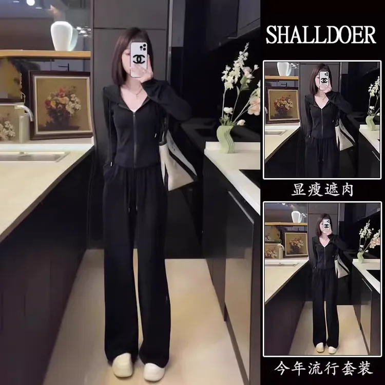 时尚休闲运动套装2025春秋新款连帽卫衣阔腿裤两件套女款气质服装