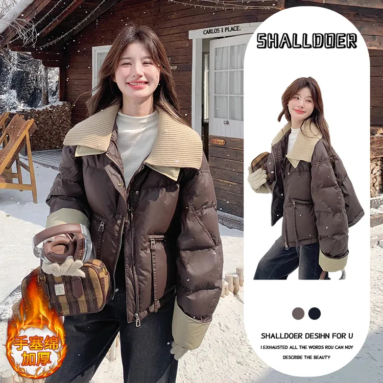 韩系复古设计感拼接保暖棉服女冬季2026短款夹绵加厚面包服厚外套