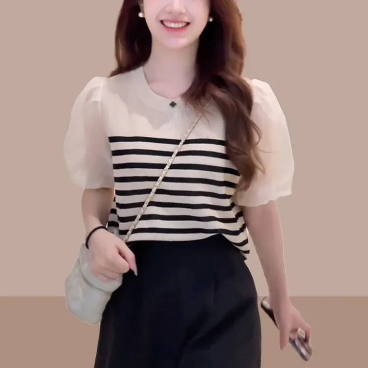 夏季冰丝薄款短袖t恤女小个子爆款2026新款泡泡袖百搭上衣服