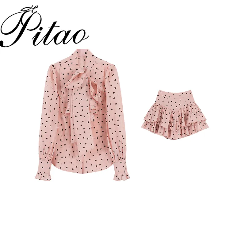 杜屁屁桃PITAO 原创【微醺百利甜】衬衫+裙裤 法式轻奢爱心点点套装