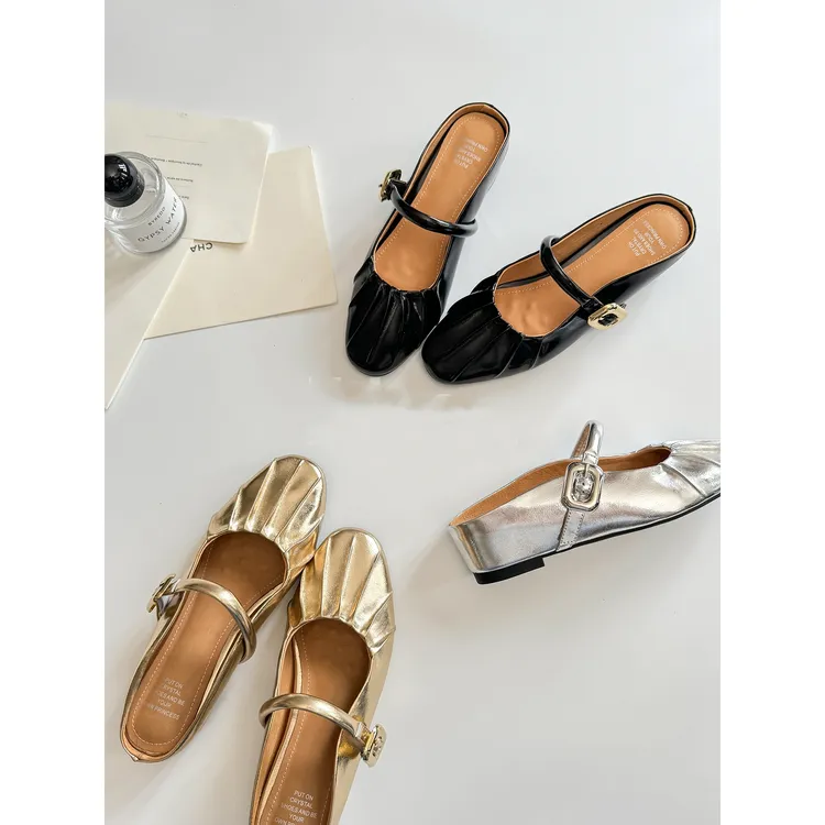 真皮2025内增高牛皮5cm内增高半拖褶皱新款气质软底圆头穆勒鞋女