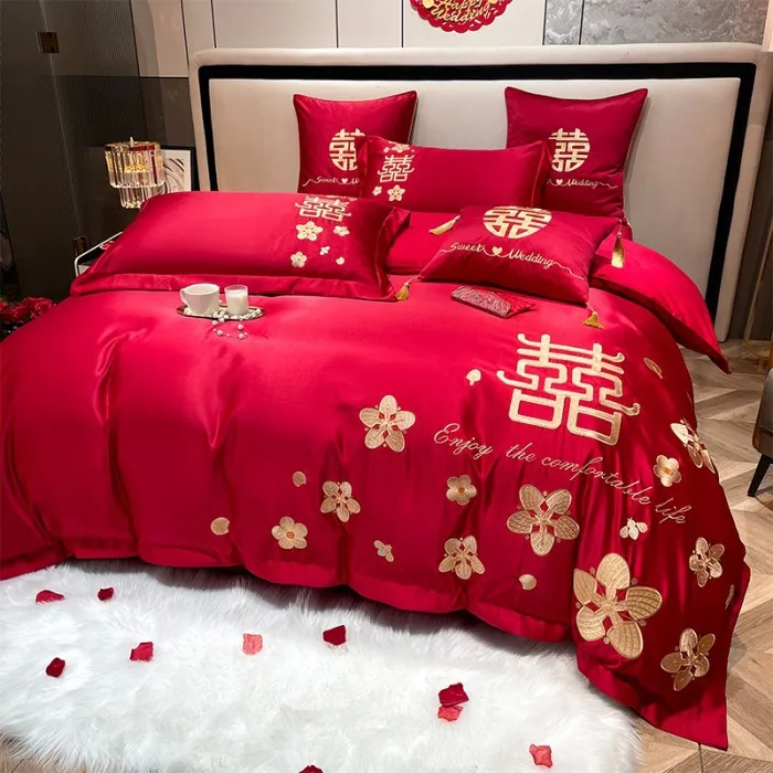 长绒棉婚庆刺绣四件套纯棉结婚婚房喜被子大红色新婚礼床上用品