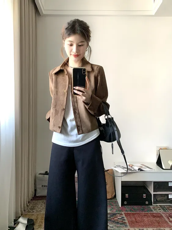 咖色外套女短款2025秋冬韩系宽松休闲复古ins小个子夹克上衣