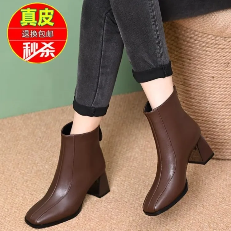 品牌断码方头高跟短靴女秋冬加绒粗跟真皮马丁靴新款中跟瘦瘦靴女