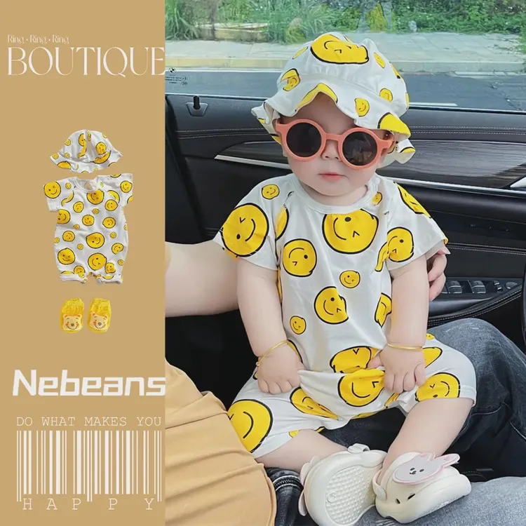 三件套（衣服+帽子+袜子）男女宝宝水印笑脸夏天透气短袖哈衣连身衣
