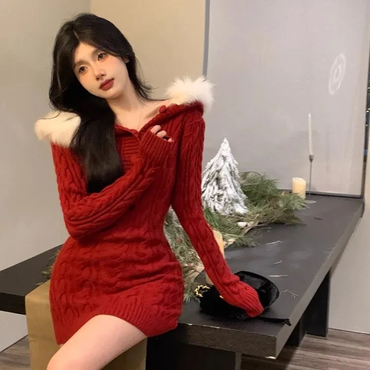 偏汐纯欲辣妹圣诞性感跨年战袍连衣裙女冬连帽毛领针织红色包臀裙