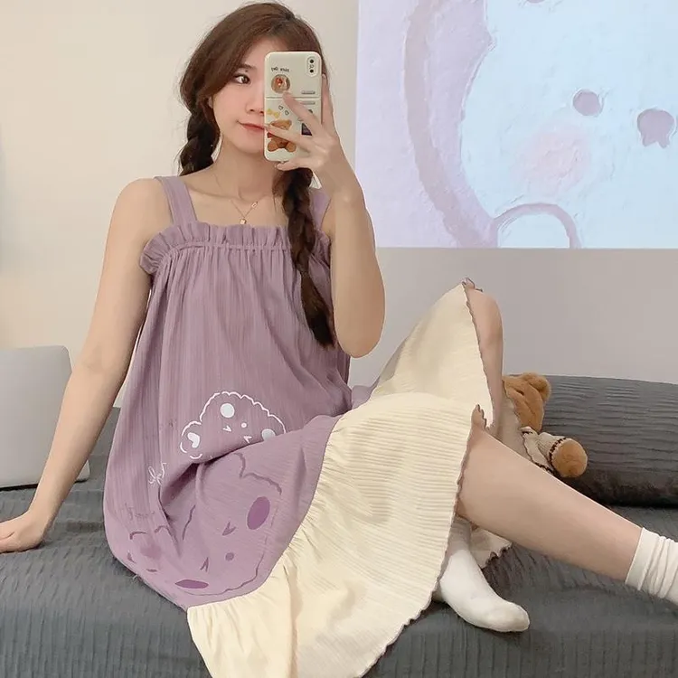 新款无袖连衣裙薄款吊带睡裙甜美公主风家居服可外穿中长款睡衣