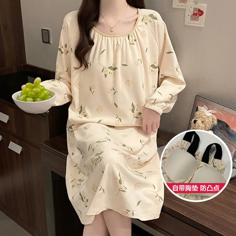 睡裙女长袖带胸垫春秋季薄款宿舍家居服甜美可爱连衣裙秋季
