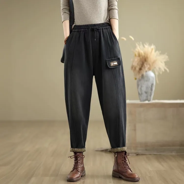 新款加绒加休闲牛仔裤秋冬新款简约文艺厚哈伦裤宽松显瘦萝卜裤女