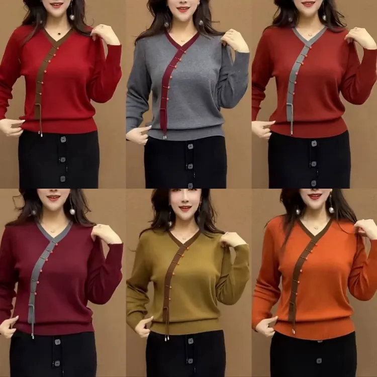 V领细毛线针织小衫洋气款妈妈衫