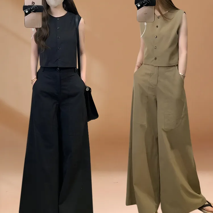 御姐风前后两穿背心马甲套装女设计感不规则口袋拼接线条阔腿裤子