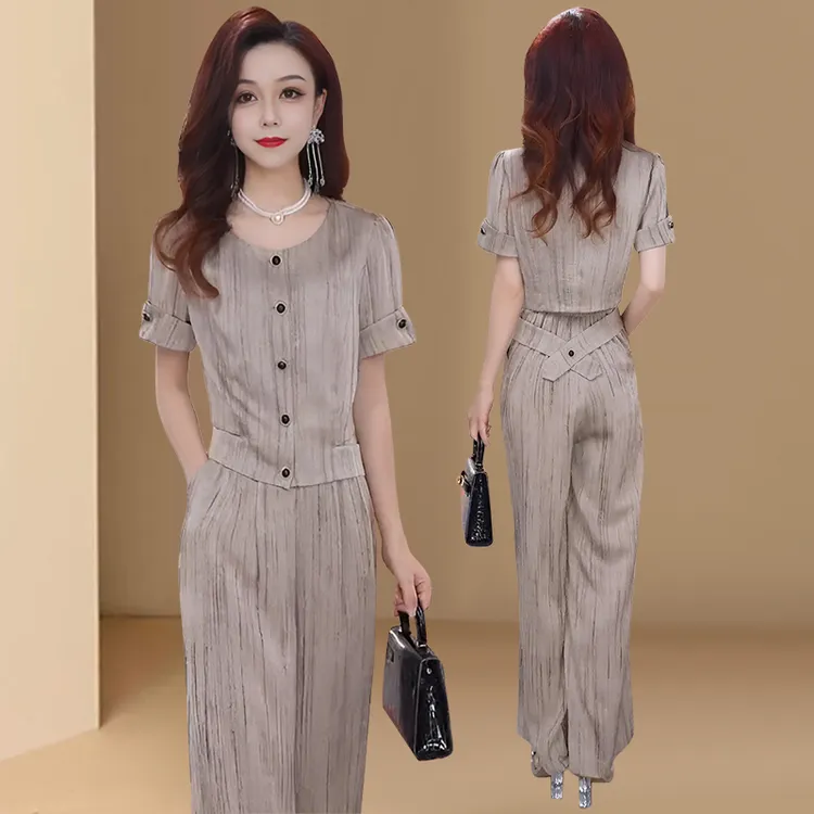 时尚套装女2026夏季新款洋气显瘦冰丝短袖阔腿裤休闲减龄两件套潮