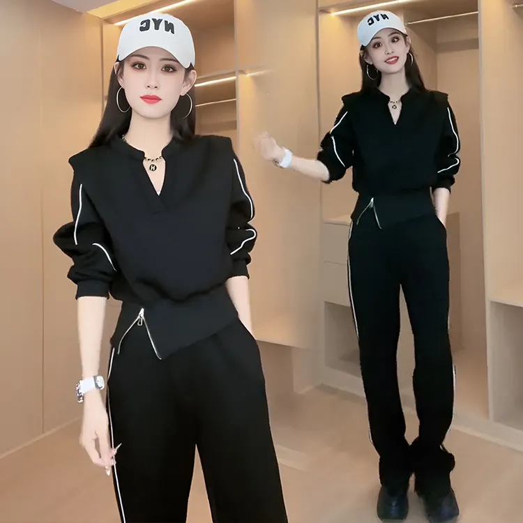 欧货休闲运动套装女2025春秋新款时尚洋气设计感收腰卫衣两件套女