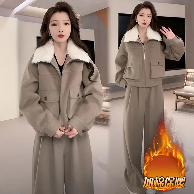 加棉高级感拼接外套阔腿裤两件套女2025秋冬季新款小个子显瘦套装