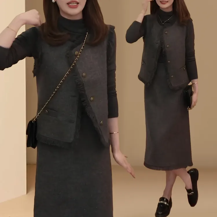 小香风纽扣时尚套装裙女装春秋气质名媛高腰显瘦半身裙马甲三件套