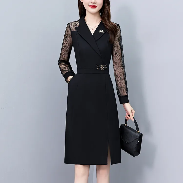 2025早秋新款爆款大码女装时尚气质修身显瘦蕾丝拼接长袖连衣裙
